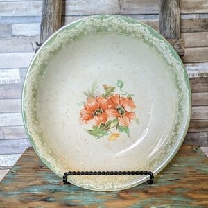 Antique Porcelain Bowl With Orange Poppies & Green Border